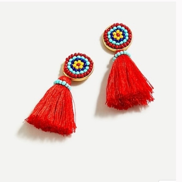J. Crew Red Beaded Tassel Stud Earrings and Dust Bag. - Picture 7 of 9